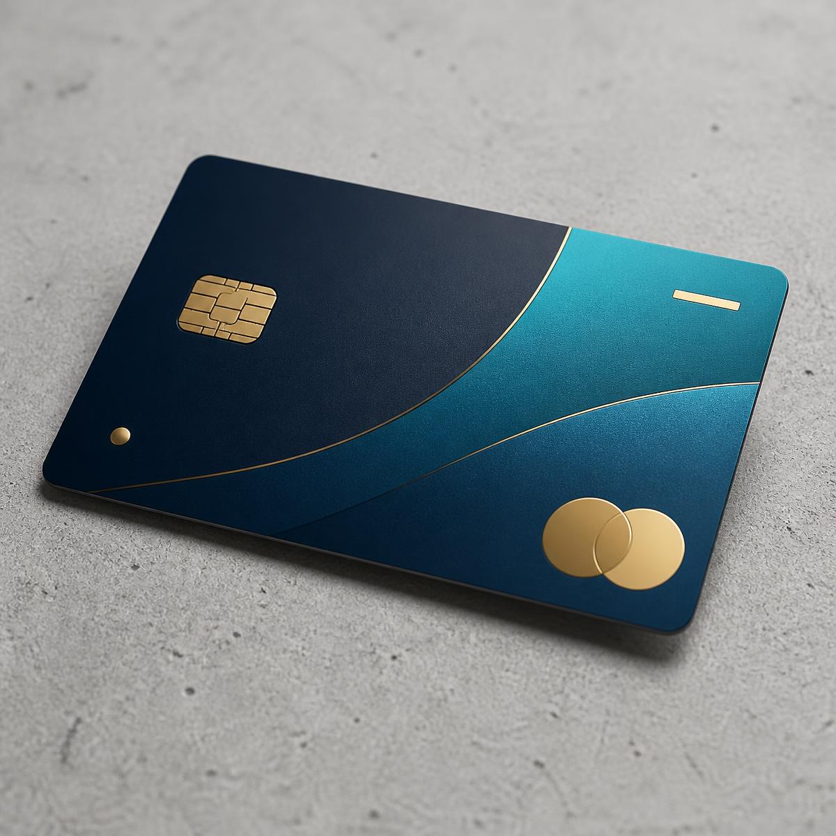 NOVA BANK-Bankkarte in Nachtblau und Türkis mit goldenen Details