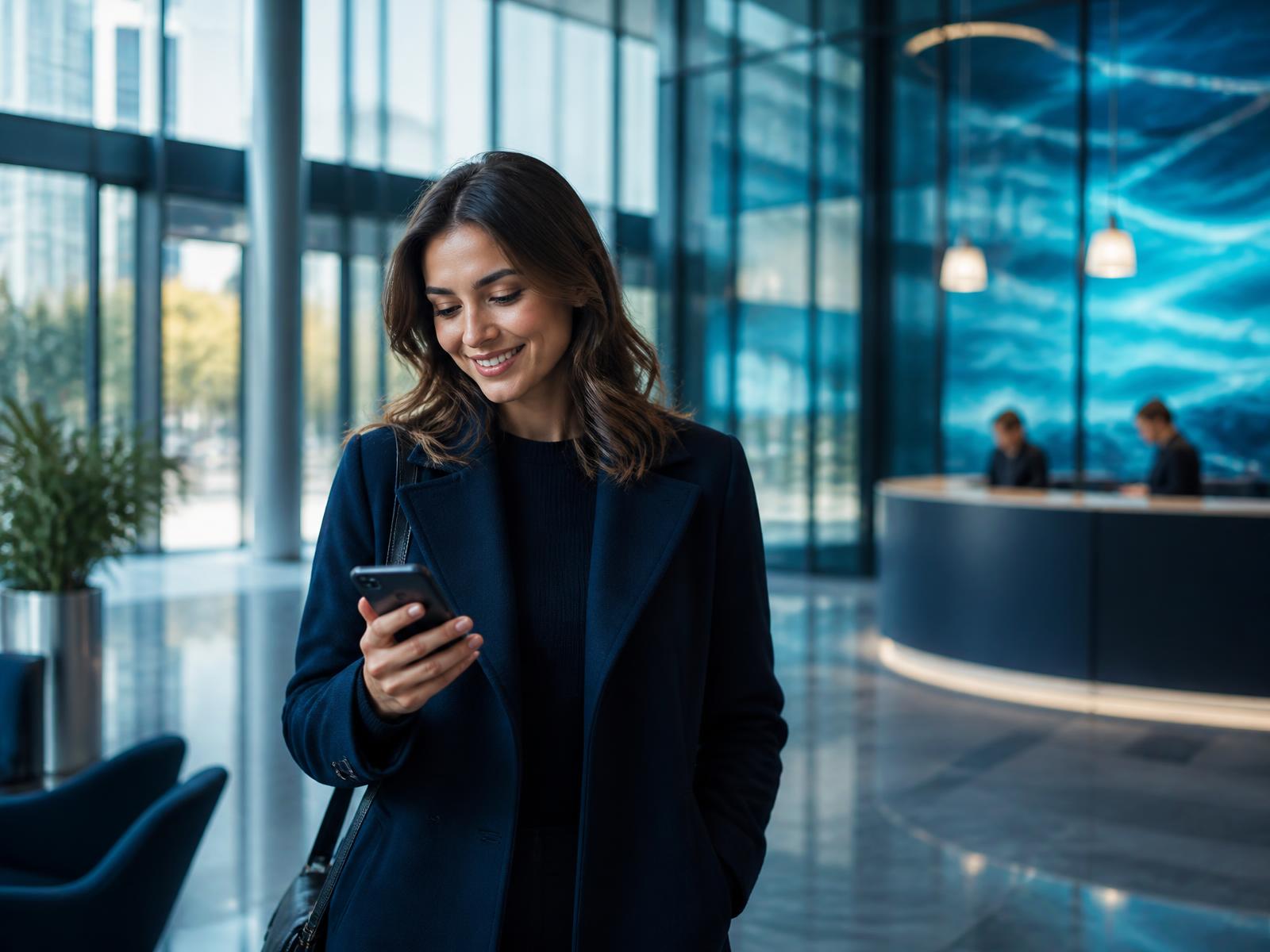 NOVA BANK-Kundin prüft ihre Konten auf dem Smartphone in einer hellen Halle