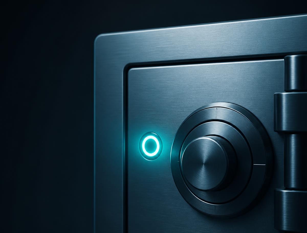 Metalltresor mit türkiser Leuchte als Symbol für Sicherheit